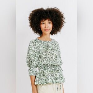 MIRTH Women's Vienna Drawstring‎ Waist Blouse in Ivy Print Lightweight- Size XS